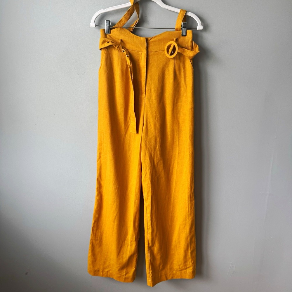 Trendy Mustard Yellow Wide Leg Suspenders Pants High Waist Belted Size S